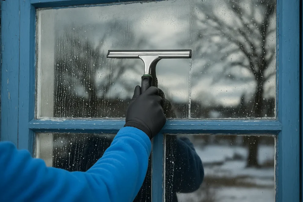 Fönster som putsas under vintern
